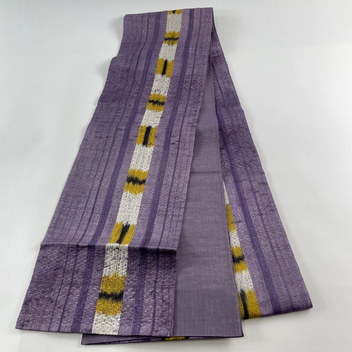 袋帯　帯　未使用品　六通　高級品　紫青藤色等　正絹 袋帯 美品 秀品 夏帯 幾何学模様 縞 紫 六通 正絹 【中古