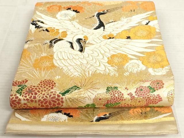 丸帯　飛鶴菊松文　アンティーク　大正ロマン 平和屋着物◎アンティーク 大正ロマン 丸帯 飛鶴文 正絹 逸品