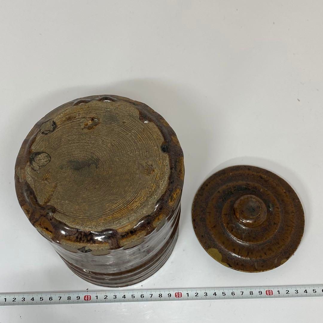 江戸期　尾戸焼　飴紬水指　時代木箱付　タカチ　高さ約21cm 東金6-0311① 江戸期 尾戸焼 飴紬水指 時代木箱付 タカチ 高さ約21cm 東金6