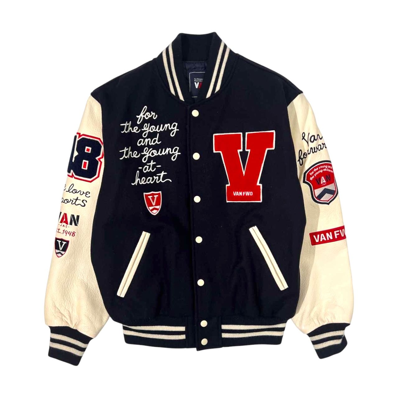 VAN JACKET　フルデコ　スタジャン　ネイビー　袖レザー　LL VAN JAC ヴァンヂャケット FWD フルデコ 袖革スタジャン M