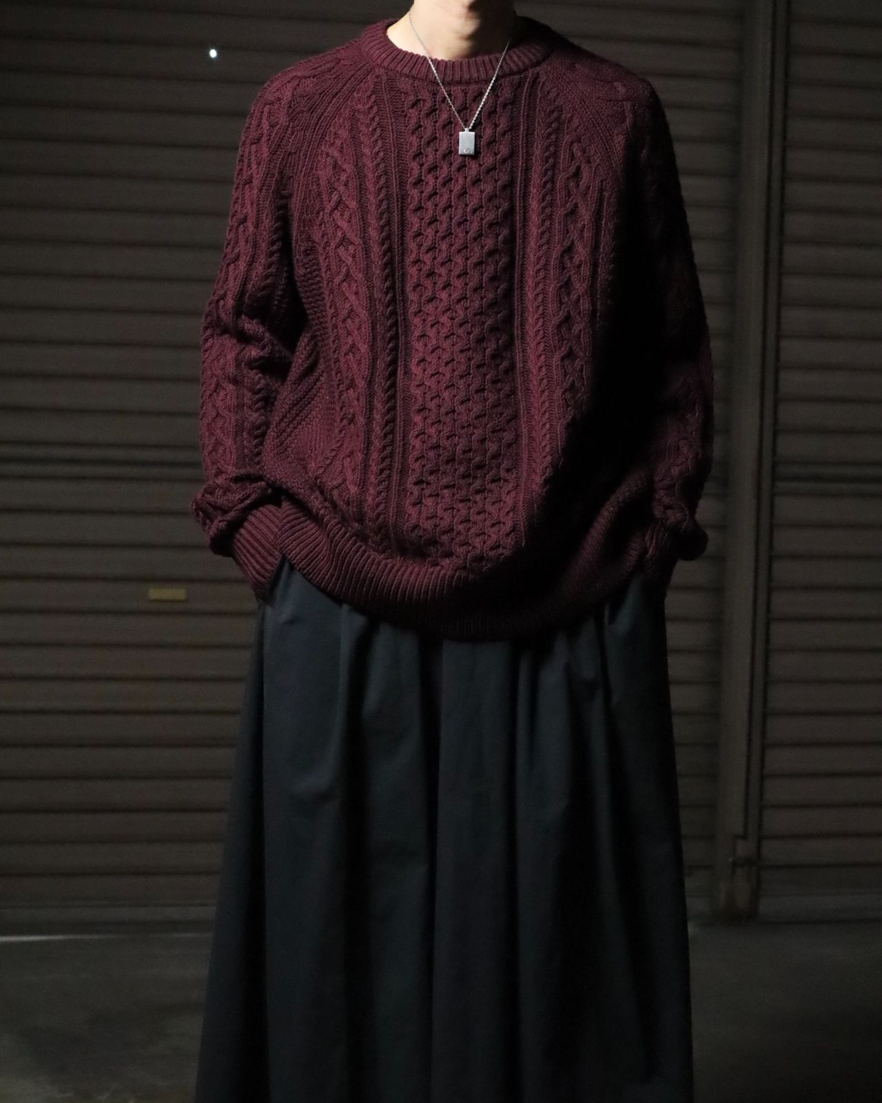 merino wool raglan sleeves aran knit oversized メリノウール フィッシャーマン アランニット ケーブル編み ラグランスリーブ セーター ボルドー L