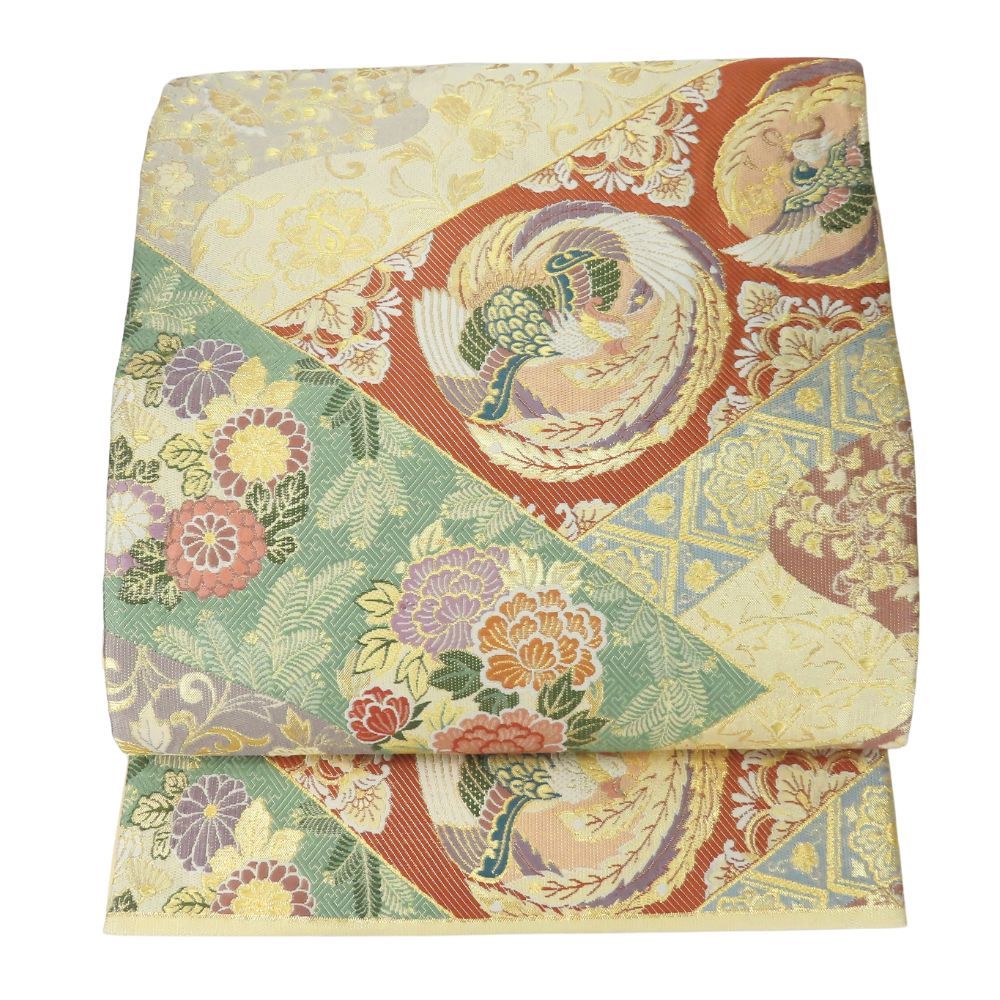 袋帯 六通柄 吉祥文様 正絹 金銀糸除く 金糸 ゴールド系 マルチカラー フォーマル 花唐草 日本伝統模様 和装 呉服 和服 きもの レディース 女性