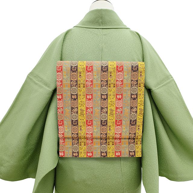 名古屋帯　龍村美術織物　開き名古屋　全通柄 美品】 開き名古屋帯 逸品 龍村美術織物 紅牙瑞錦 金銀糸 からし色