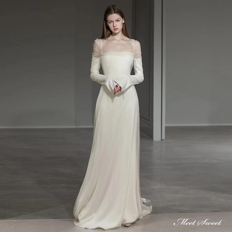 【n.】ウェディングドレス スレンダー 長袖 オフショル ウェディングドレス ロングドレス スレンダードレス 長袖 オフ