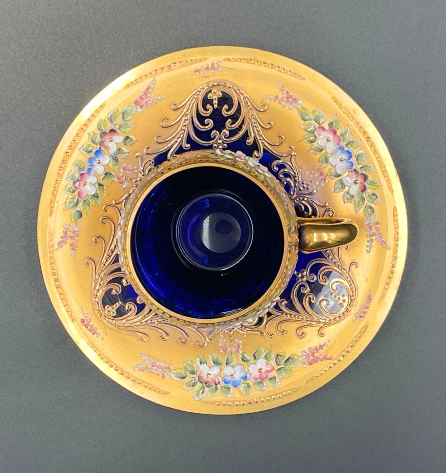 希少】Moser（モーゼル） コバルトブルー ガラス エナメル盛上げ花文様