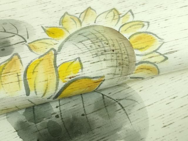 平和屋着物□極上 九寸名古屋帯 ぜんまい紬 手描き 向日葵 ひまわり