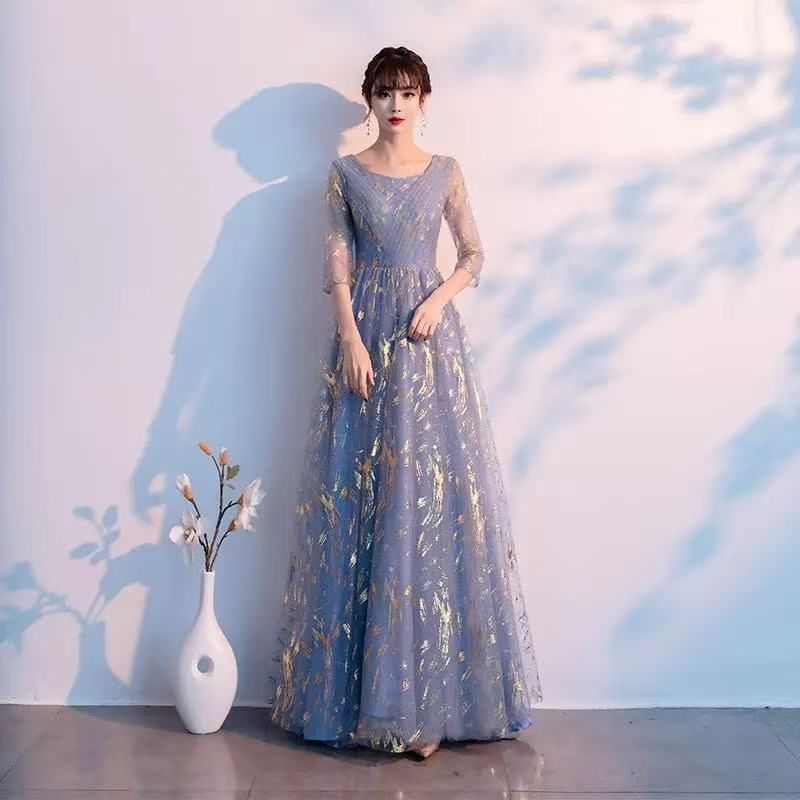 パーティードレス ロングドレス 演奏会 袖あり ラウンドネック 成人式