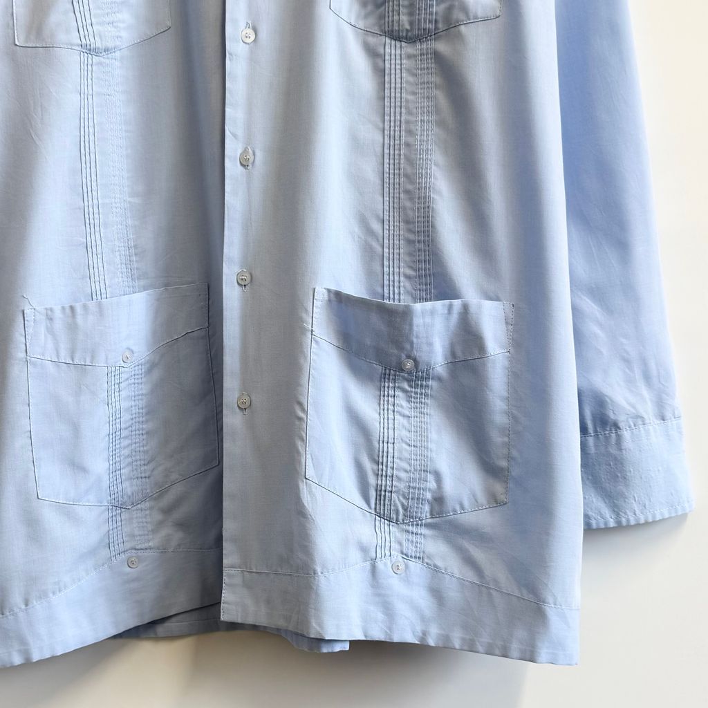 MT☆キューバシャツ☆開襟シャツ☆刺繍☆ライン☆ポケット☆ブルー☆Lサイズ GENTLEMENS COLLECTION キューバシャツ 長袖 オープンカラー