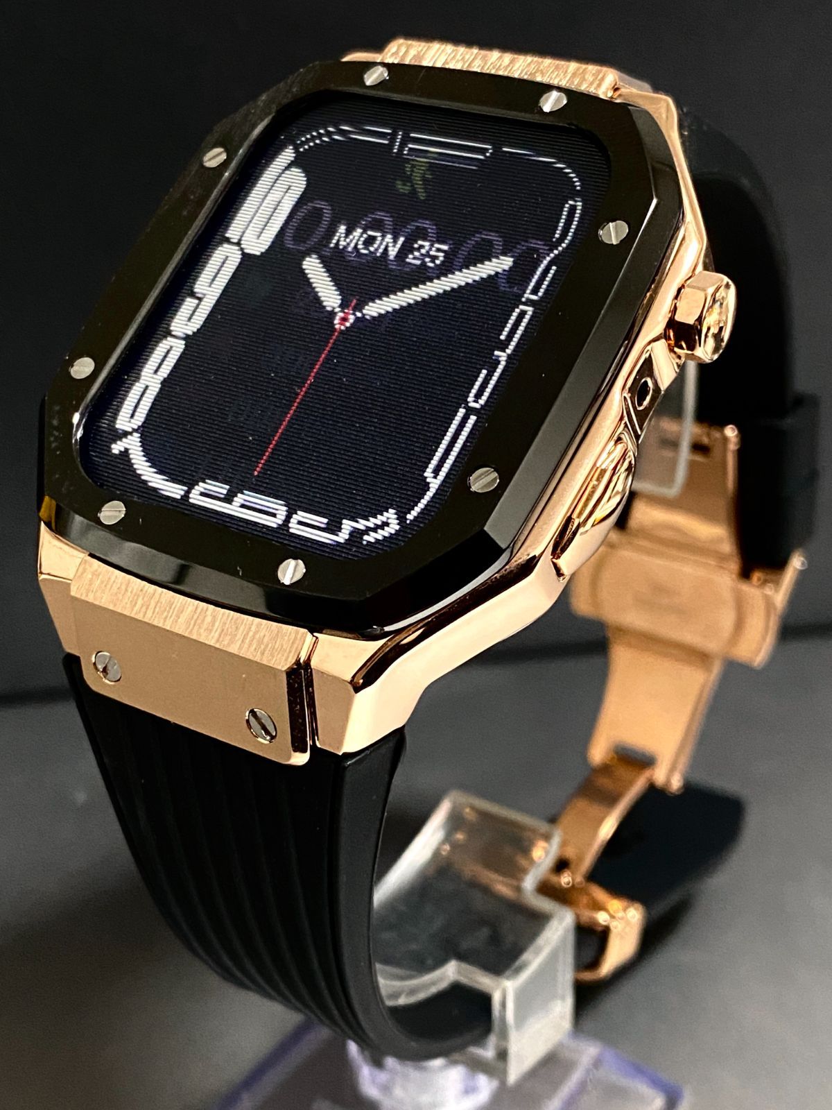 Apple Watchラバーバンドカバーメタルケースアップルウォッチカスタム13 ブラックローズ ステンレス メンズ レディース スポーツバンド