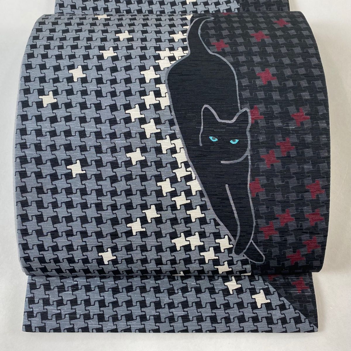 袋名古屋帯 黒猫 幾何学 黒灰 正絹