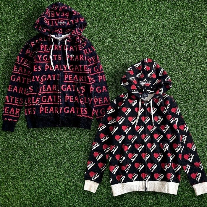 PEARLY GATES パーリーゲイツ ゴルフ コットン裏毛 スウェット トリコハート柄 フルジップ フーディ パーカー ジャケット ゴルフウェア レディース 055-2162314 定価3万 ブラック ホワイト レッド 0 ▲034 50214w06