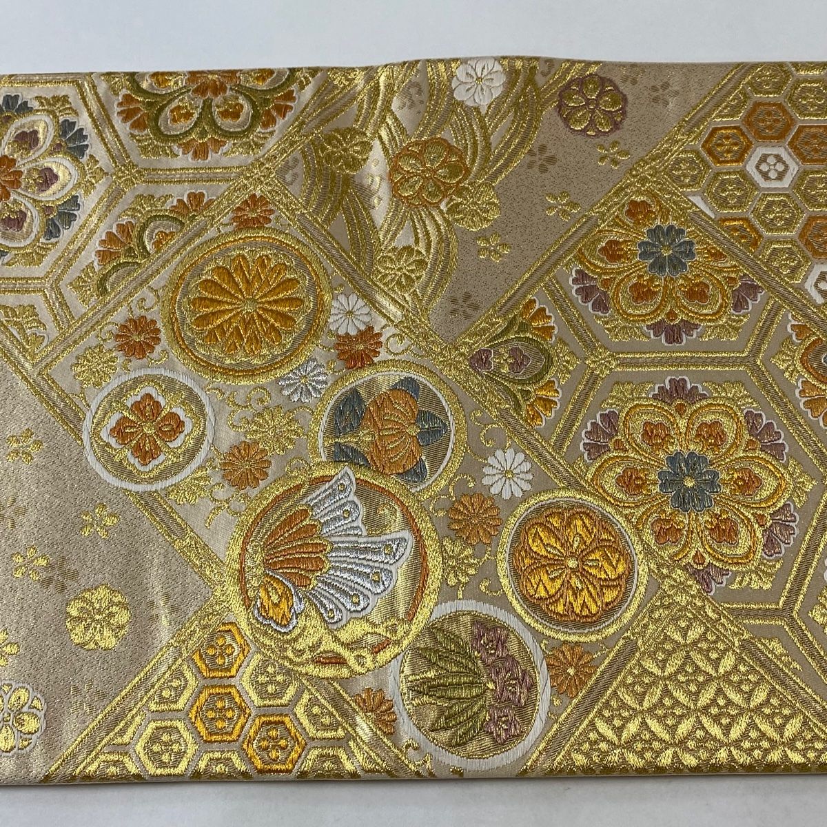 袋帯 美品 秀品 鎌倉紋 蜀江紋 箔 金銀糸 金色 六通 正絹 【中古