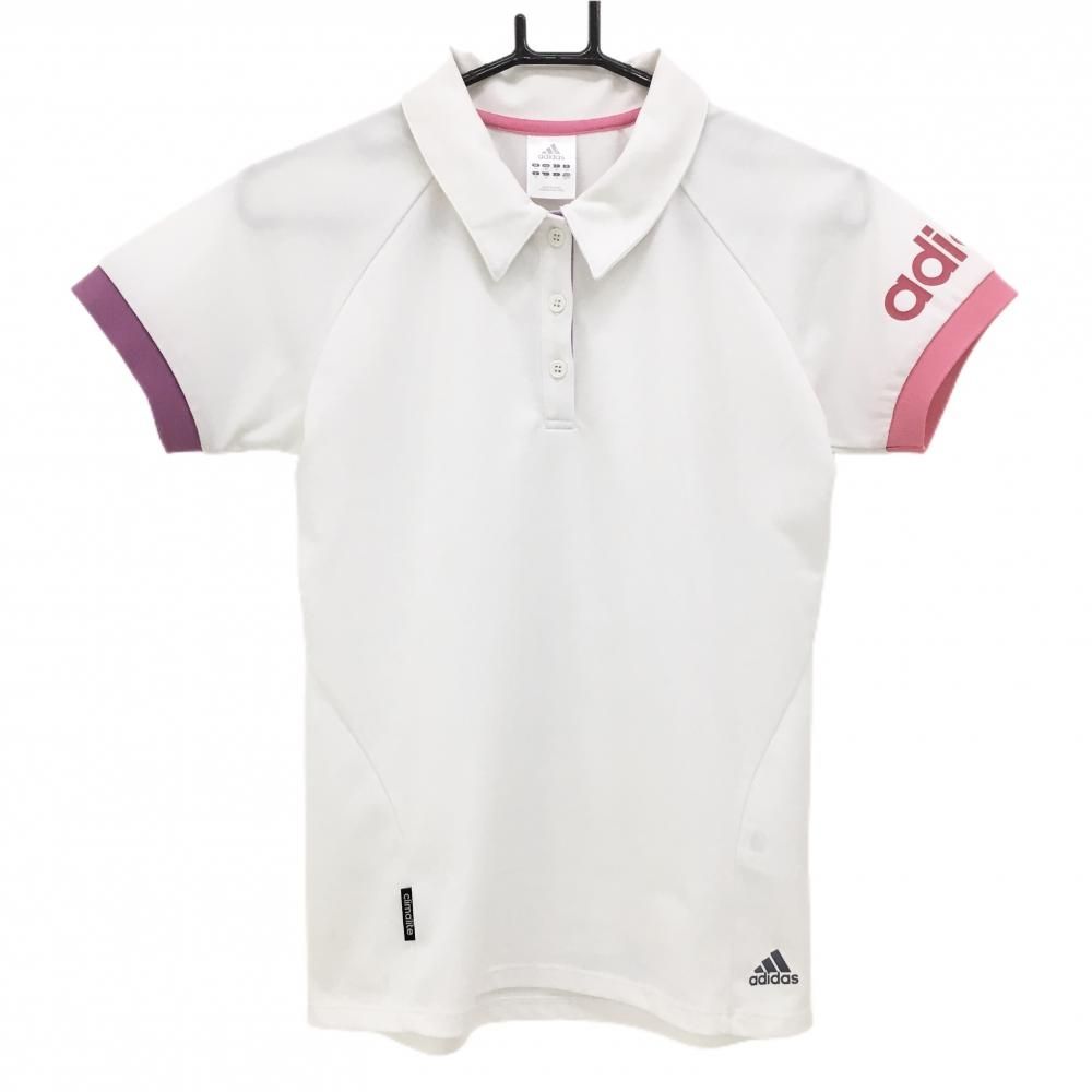 【超美品】アディダス 半袖ポロシャツ 白×ピンク 袖ロゴプリント  レディース M ゴルフウェア adidas