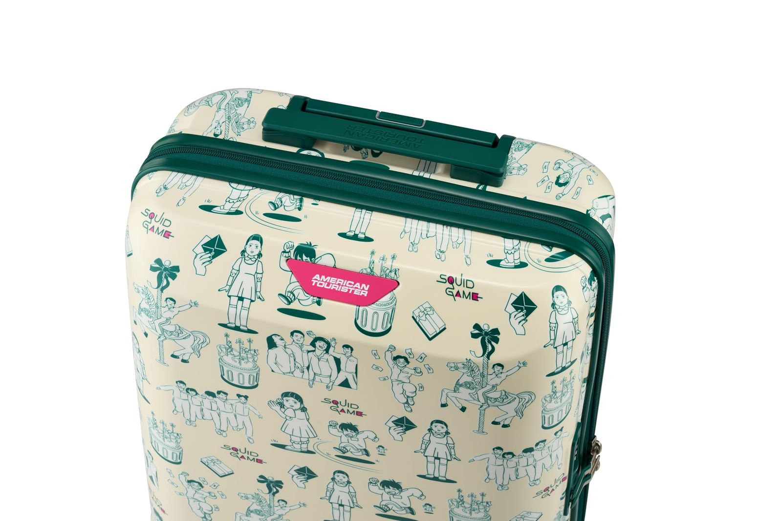 【秋冬物新入荷】 大 GAME SQUID スピナー 52 スクイッドゲーム 機内持ち込み可 Sサイズ イカゲーム 1-3泊 ピンクガードのラゲッジタグ付き キャリーケース キャラクター柄 TSAロック スーツケース 34L 52cm アメリカンツーリスター 2.7kg