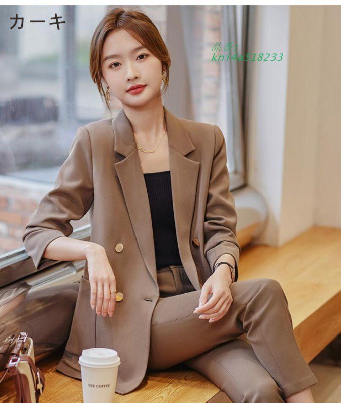 パンツスーツ レディース ベージュ 黒 カーキ カジュアルスーツ ブラック OL オフィススーツ スーツセット スーツ オシャレ 通勤 2点セット 30代 40代 kni4a518233