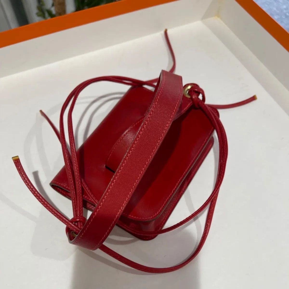 美品】HERMES エルメス ポシェットグリーン ボックスカーフ ルージュ 