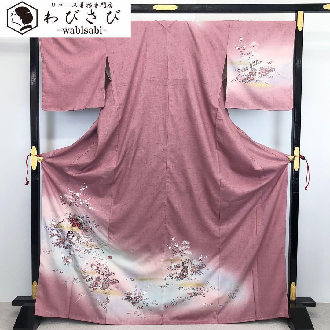 ☆ 付下げ 作家物 上品な花模様 縮緬 白梅色 トールサイズ K-5122 ☆ 付下げ 作家物 上品な花模様 縮緬 白梅色 トールサイズ K-5122