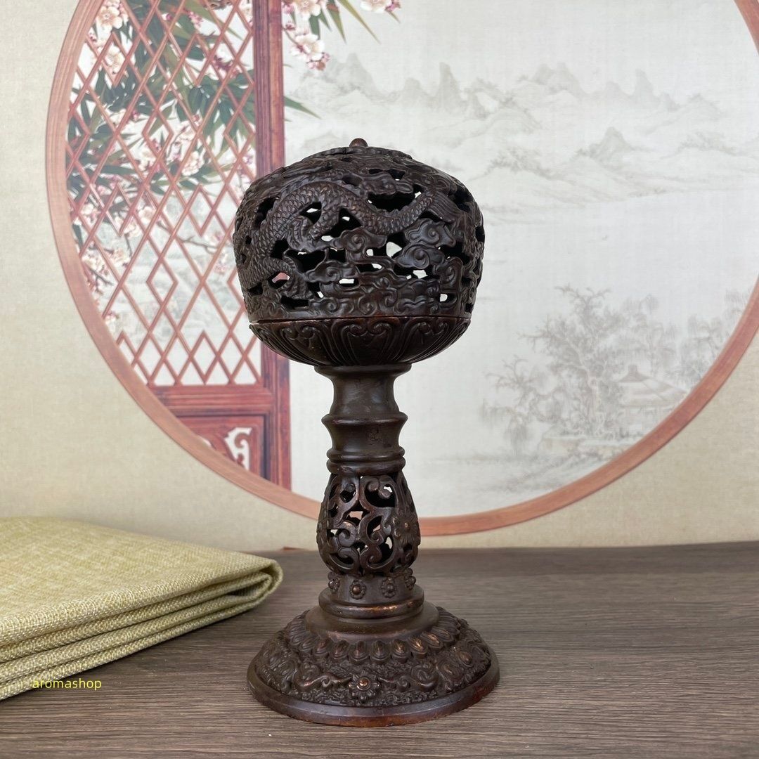 銅製花模様透かし彫り香炉 1160 佐野宏采造 透かし彫刻 菊花模様香炉