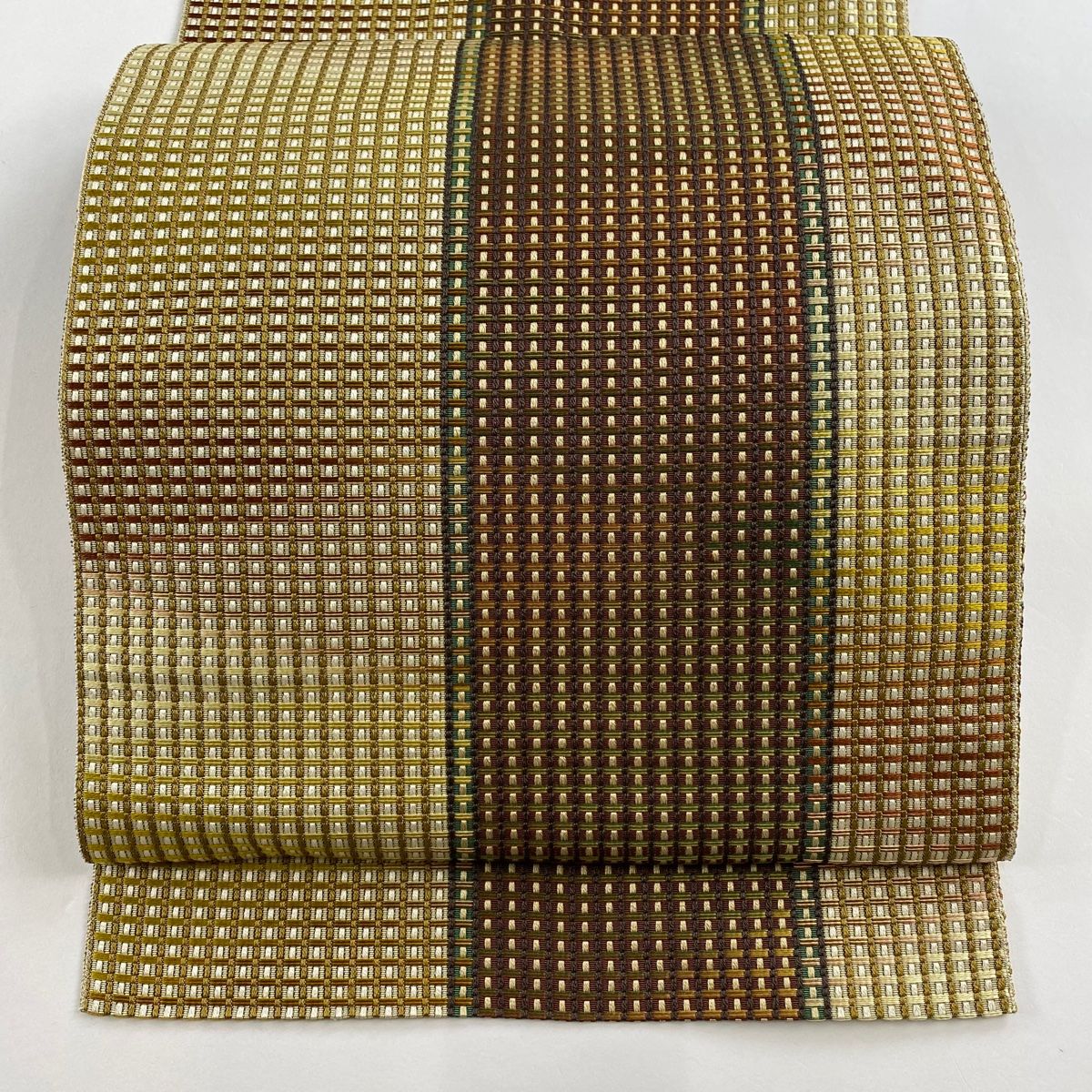 名古屋帯 秀品 八寸名古屋帯 松葉仕立て 格子 幾何学 山吹茶色 正絹