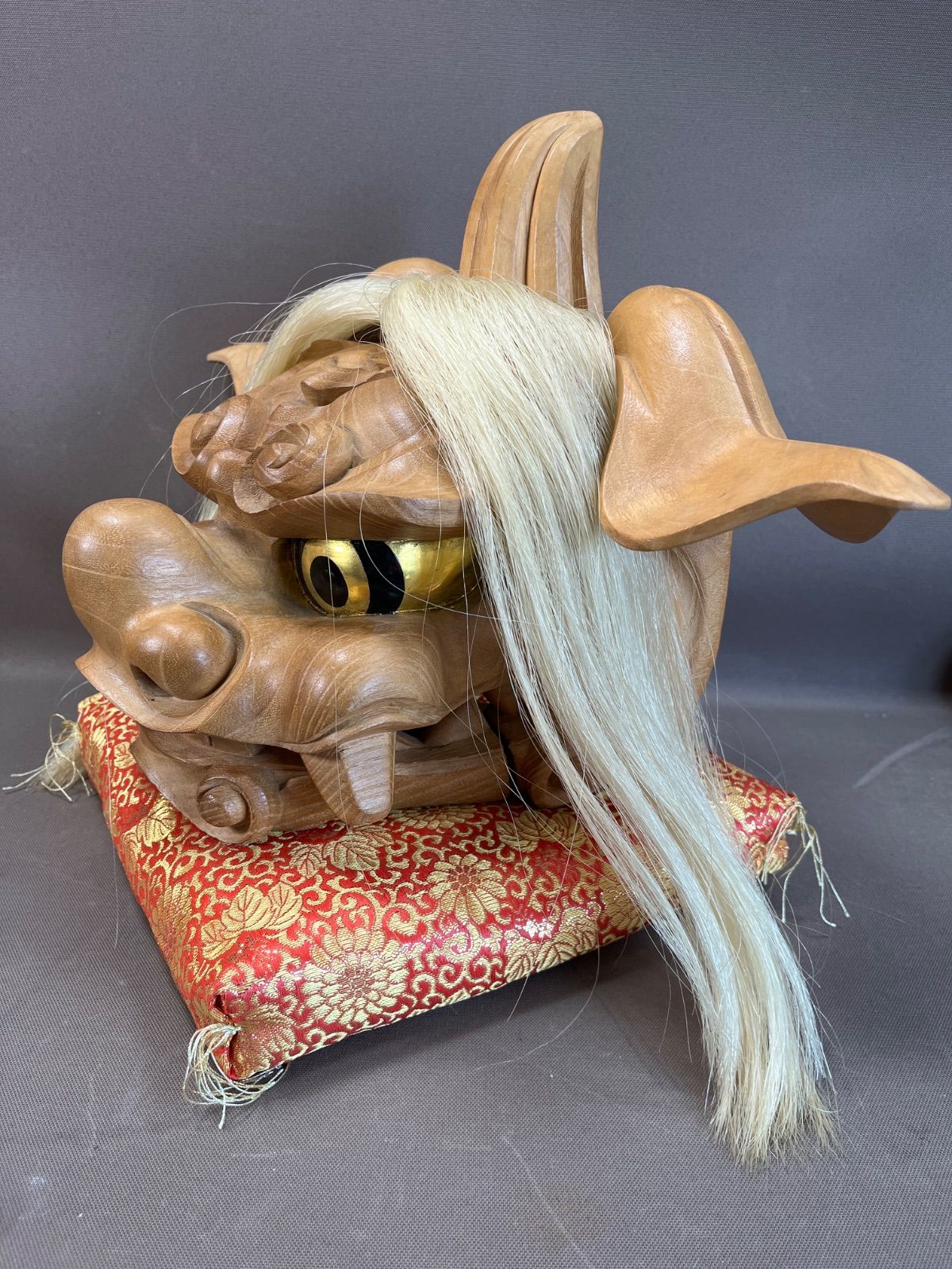 希少・美品】井波彫刻 伝統工芸士 荒井寿斉作 『木彫 獅子頭』 共箱