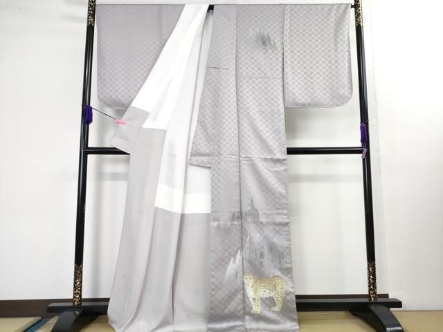 平和屋本店■極上　訪問着　手描き　チーター　城　スパンコール　藤色地　銀彩　逸品　未使用　DZAB1417kh5 平和屋本店□極上 訪問着 手描き チーター 城 スパンコール 藤色地 銀