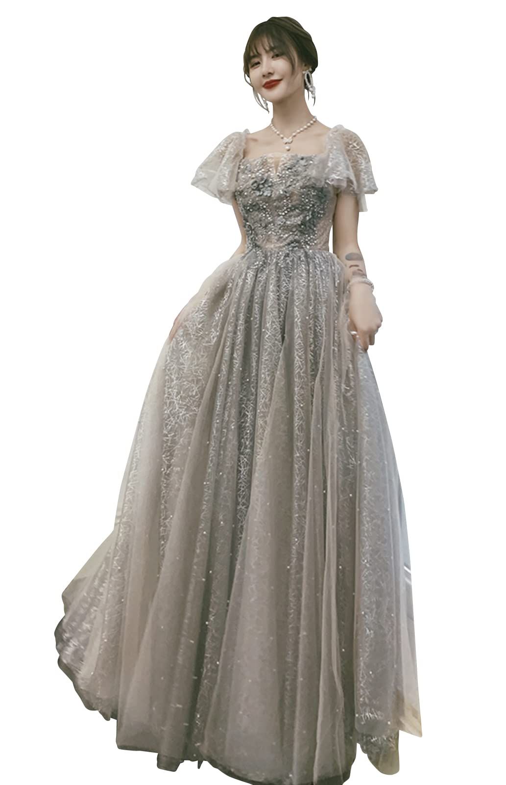 EightSTAR Dress パーティードレス イブニングドレス ピアノ 発表会 ドレス ロング 大人 二次会 花嫁 主役 演奏会 ロング丈 レース Aライン スレンダーライン M グレー