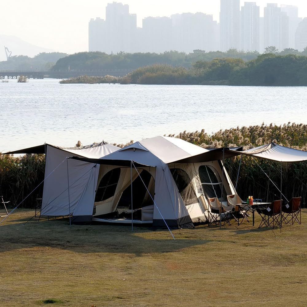 キャノピーテント グループキャンプ用 ファミリー 二重層 格子窓 大面積タープ付き アルミ製骨組み 99.9％紫外線防止 耐水圧5000mm 黒UVカット加工 4-6 8-12人用 大型ワンタッチテント Outdoor Fengzel