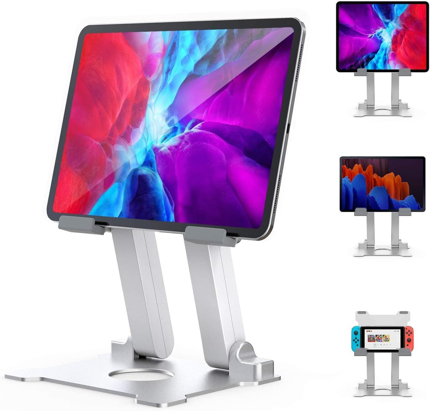 タブレット iPad スタンド 卓上 アルミ製 土台強化 安定性 折り畳み式 高さ調整 角度調整可能 滑り止め付き（4-15インチ） iPad/タブレット/iPhone/Surface/Nintendo Switch/キンドルに対応 タプレット スタンド（シル