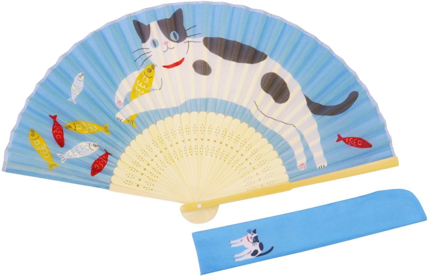 猫 ネコ シルク扇子 袋付 ブルー 和柄 ×2.5 cm 猫雑貨 京佑