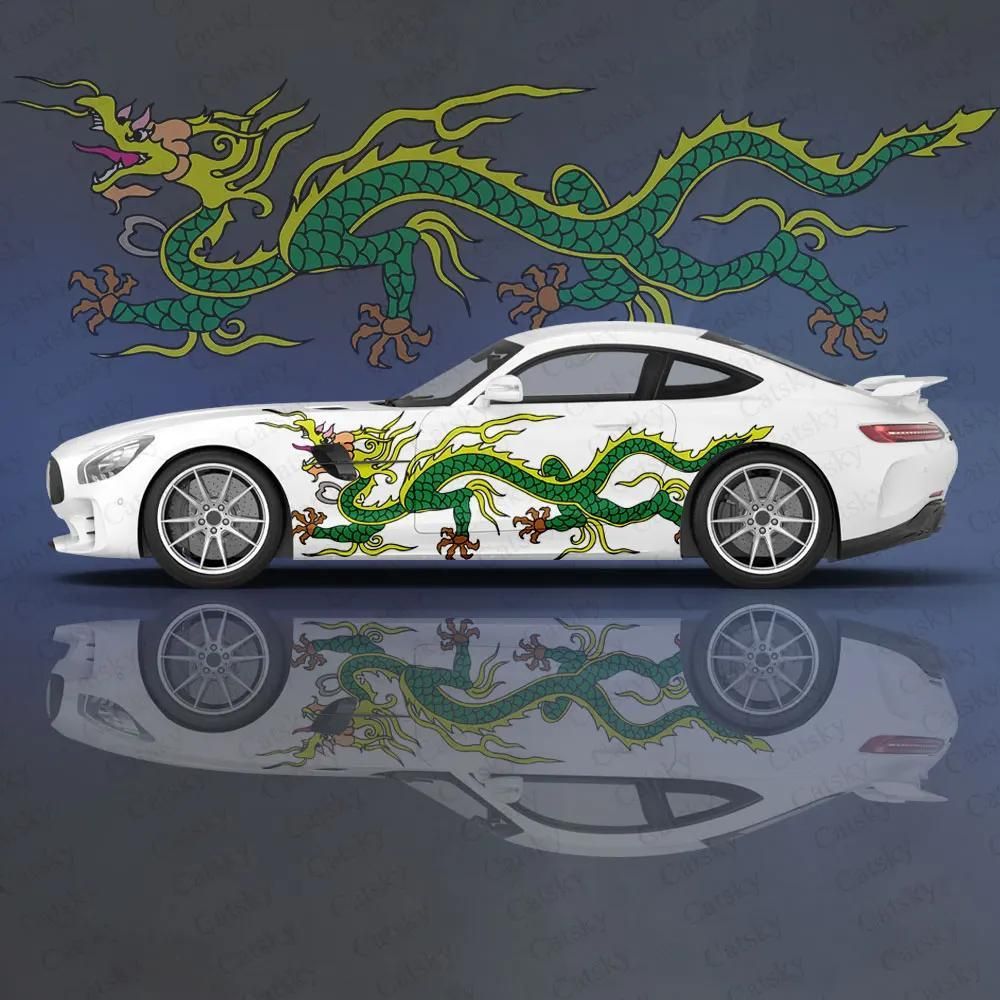 大きな緑のドラゴンプリント 2枚のトラック車ステッカー カーホイッドドアボディサイドユニバーサル新車ステッカー装飾 自動車アクセサリー