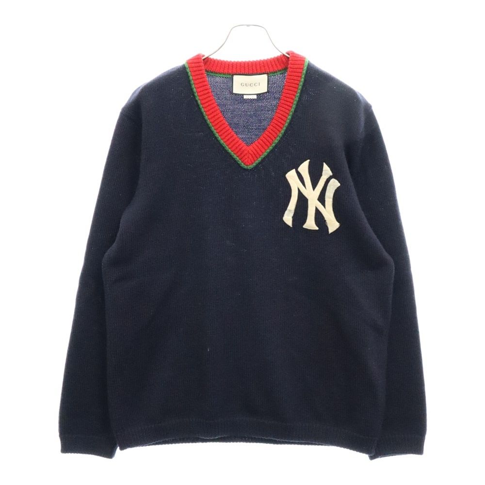 GUCCI (グッチ) ×NEW YORK YANKEES ニューヨーク ヤンキース フロントNY刺繍 Vネック ニット セーター ネイビー 543531-X941B