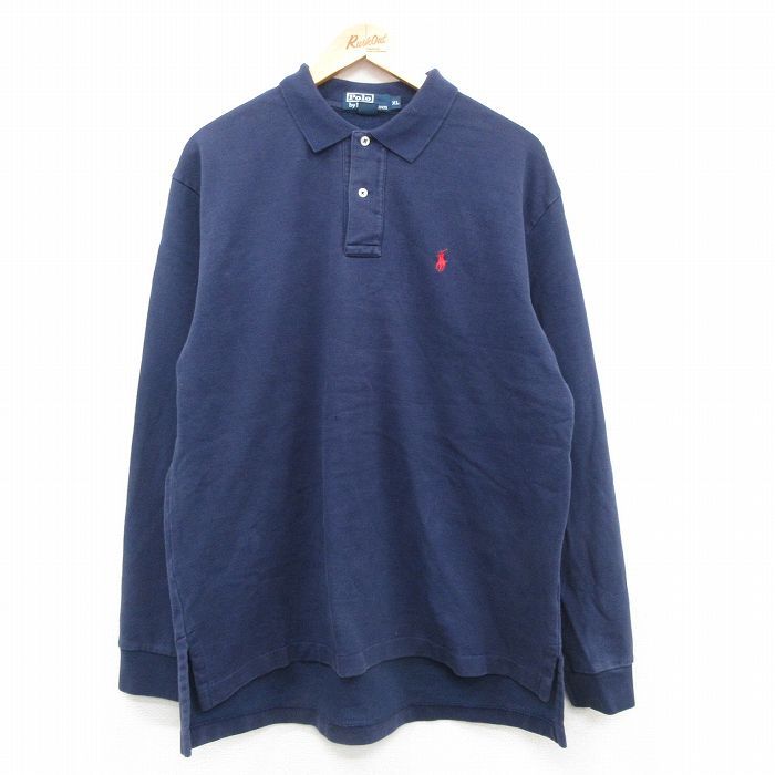 XL/古着 ラルフローレン 長袖 ブランド ポロ シャツ メンズ 90s ワンポイントロゴ 鹿の子 大きいサイズ 紺 ネイビー 24sep03 中古 トップス