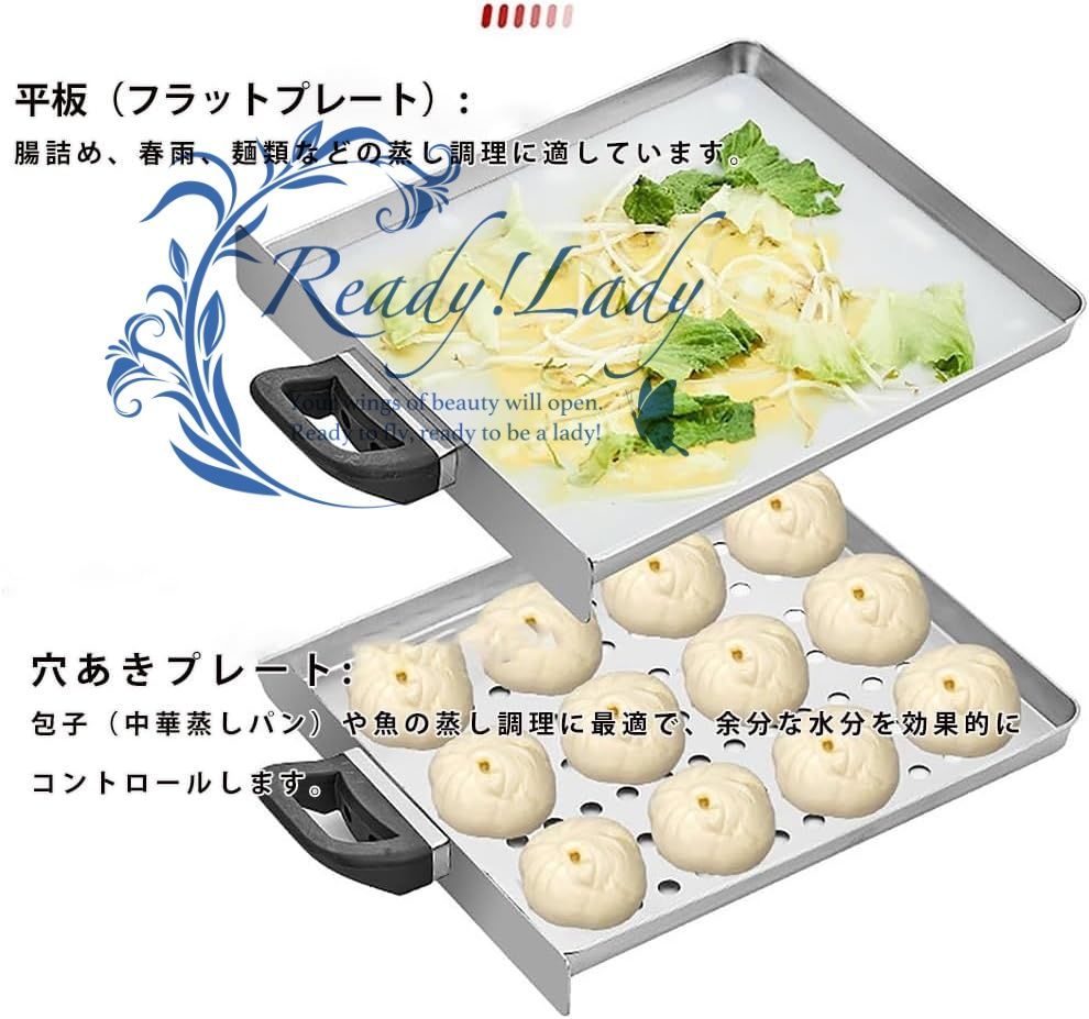 蒸し器 業務用 2段電気式米粉ロールスチーマー 大型 110v ステンレス製 自動タイマー機能付き ビーフン|点心蒸し器 店舗厨房用 商業用スチーマー 3トレイ付属 2フラット 1穴あき SKLAD-KIRPICHA_RU