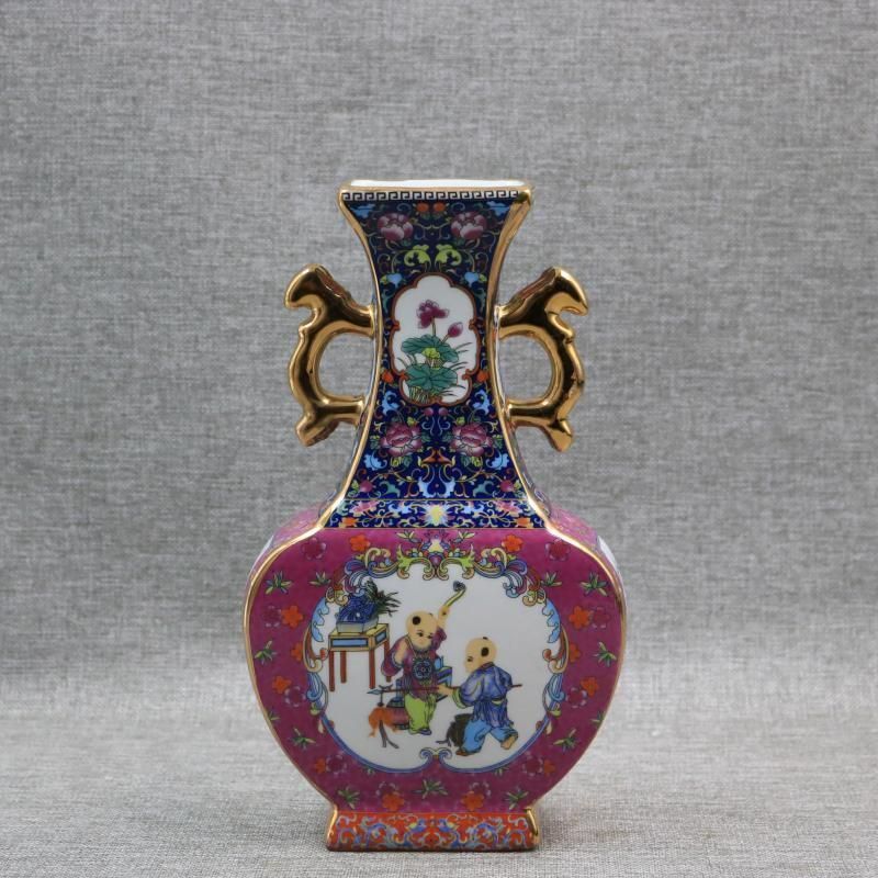 瑯彩蒔金飄花嬰戯扁瓶 景徳鎮 陶磁器 装飾品 現代工芸品 美術品