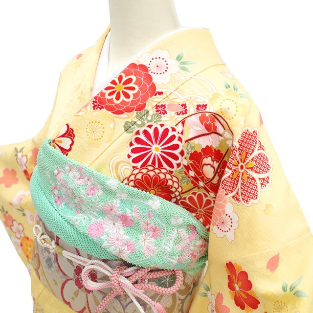 505z27〇振袖 地紋 金駒刺繍 桜 菊 黄色〇美品 成人式 結婚式 節約