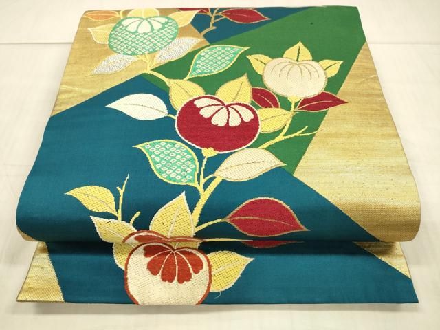 平和屋着物●アンティーク 大正ロマン 九寸開き名古屋帯 刺繍 鹿の子枝花文 金銀糸 正絹 DAAX0059cm