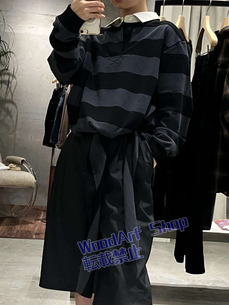 韓国 open yyぶつけ色ストライプポロネック裾バンド長袖Tシャツ WWW_MORNINGWALKER_COM