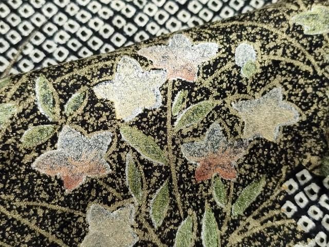 平和屋着物○訪問着 総絞り 駒刺繍 道長草花文 黒地 金銀彩 正絹 逸品