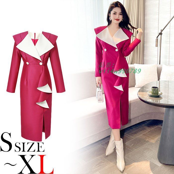 大きめ襟付き前ボタン 膝下ミモレ丈 長袖スーツ風ワンピース パーｒヒー スーツ スーツワンピース 服 韓国 お水 vii 4 w 996789