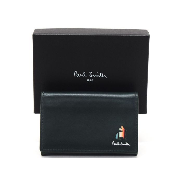 【Aランク】 ポールスミス Paul Smith カードケース カーフレザー マーケトリーストライプラビット P653 カードホルダー カード入れ 名刺入れ パスケース メンズ ダークグリーン 正規品 美品 中