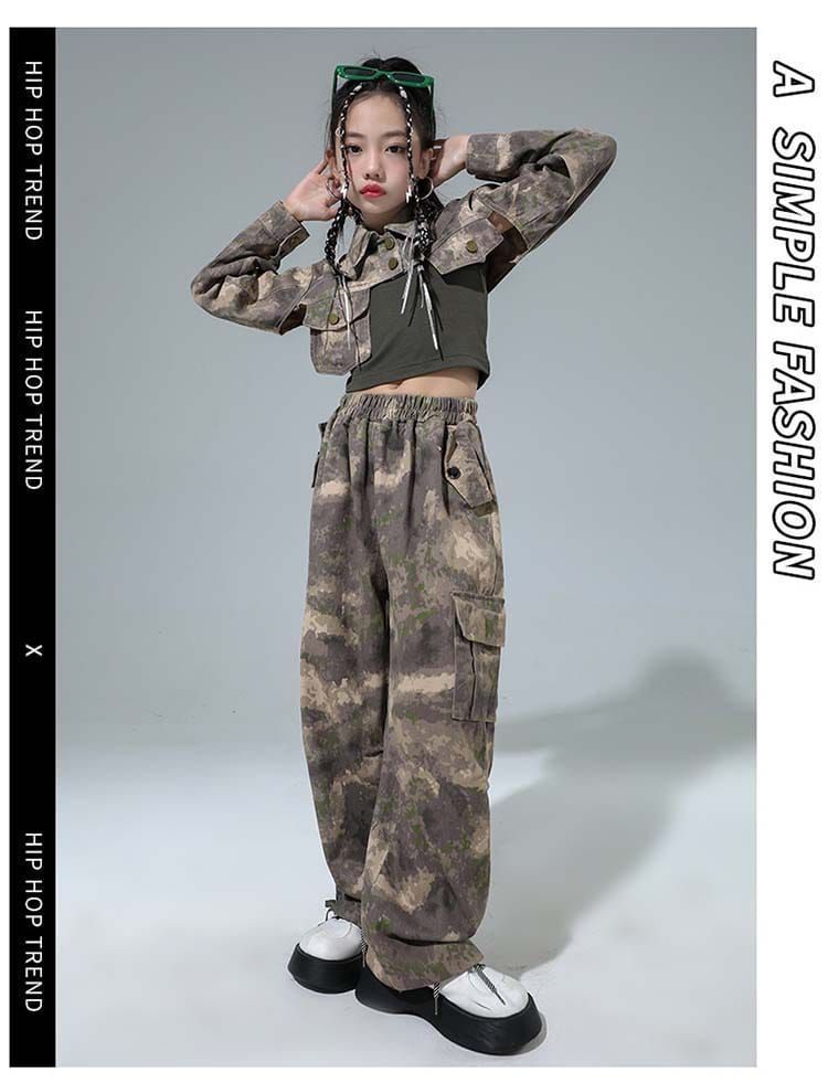 3点セット キッズダンス衣装 ヒップホップ ファッション 子供 セットアップ 衣装 女の子 迷彩 個性派 発表会 カーゴパンツXZ0524