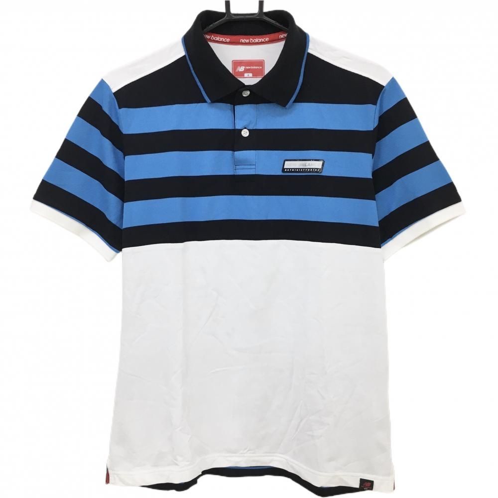 【美品】ニューバランスゴルフ 半袖ポロシャツ 白×黒×ライトブルー 一部ボーダー メンズ 6(XL) ゴルフウェア New Balance
