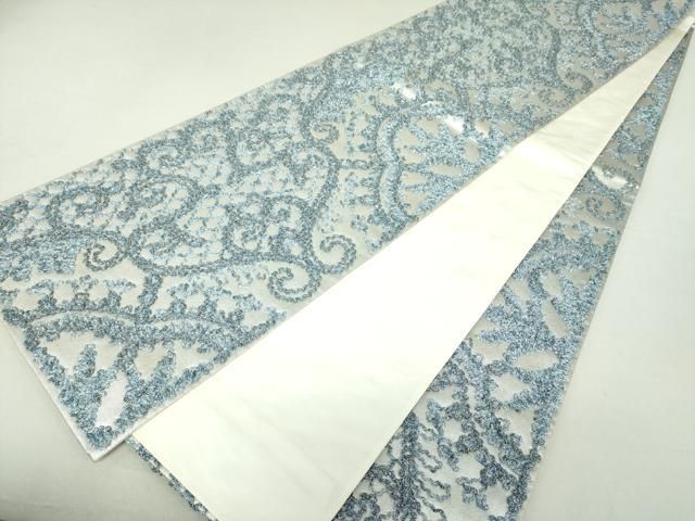 平和屋着物●極上　染織デザイナー　堀口無月 　MUGETSU　チュール織　全通柄袋帯　洋花唐草　銀糸　正絹　逸品　DAAS3537ps 平和屋着物○極上 染織デザイナー 堀口無月 MUGETSU チュール織 全通柄