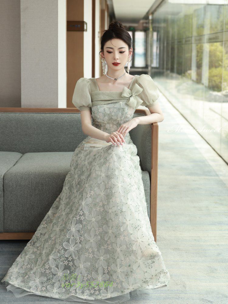 カラードレス ロングドレス グリーン 花柄 半袖 パフスリーブ 結婚式