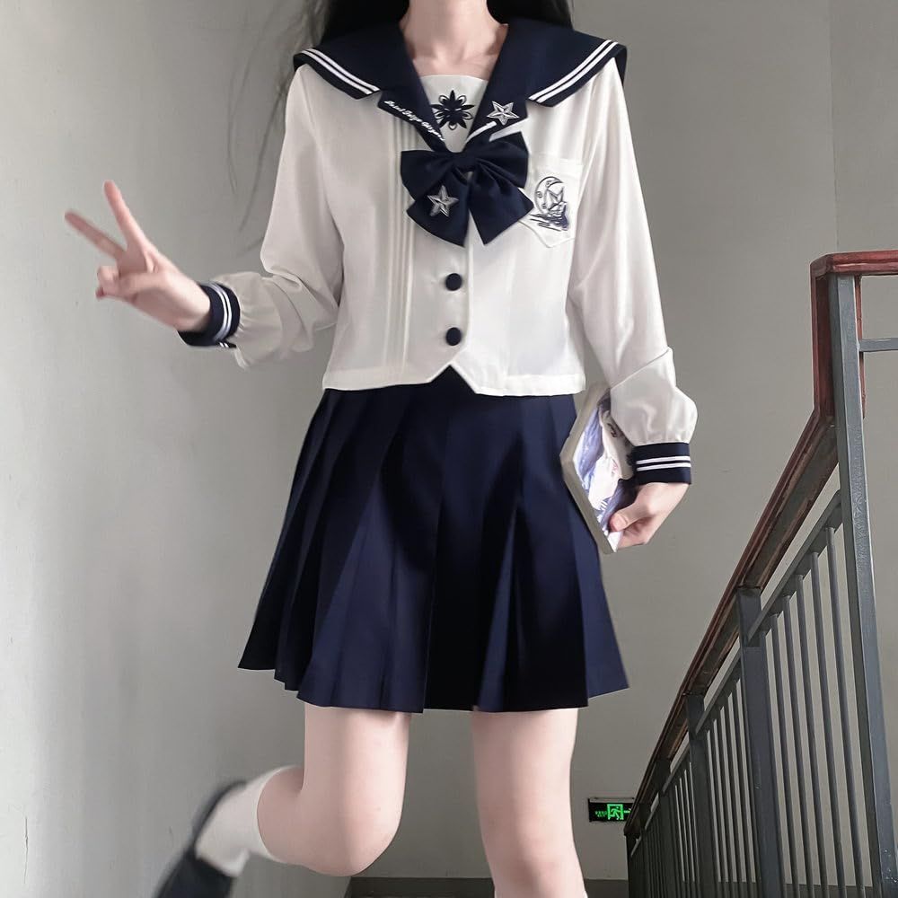 M 長袖 セーラー服 リボン 紺 可愛い スカート セーラー セット 制服 _