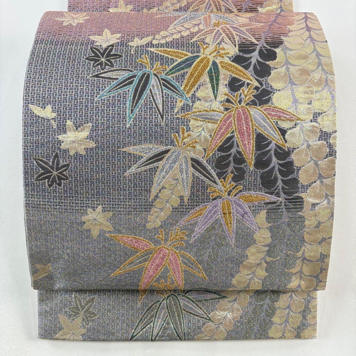 袋帯 秀品 振袖向き 笹 藤 ラメ箔 灰紫 六通 正絹