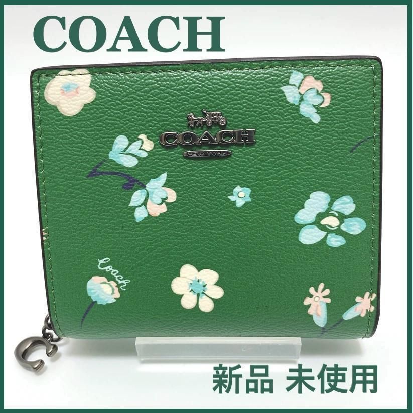 COACH 新品 花柄 グリーン 折り財布 コーチ フラワー 緑 財布 W23