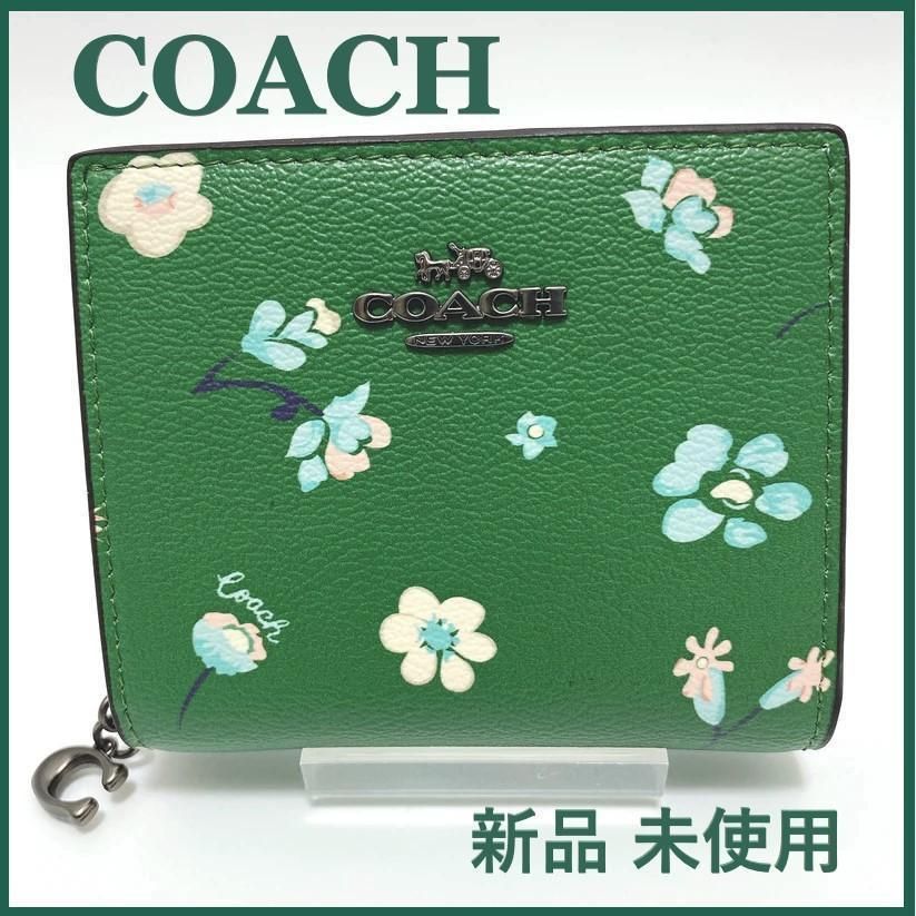 COACH 新品 花柄 グリーン 折り財布 コーチ フラワー 緑 財布 W23 ...