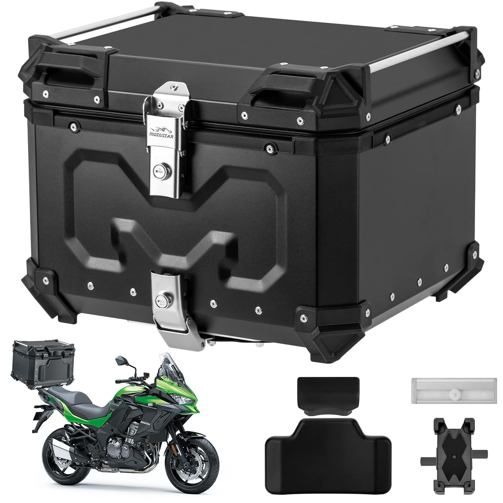 45L/55L/65L 大容量 バイク用 トップケース バイクケース バイクボックス オートバイボックス リアボックス モノキーケース アルミ合金製 四角 取り付けベース付き バイク 着脱簡単 軽量 防犯