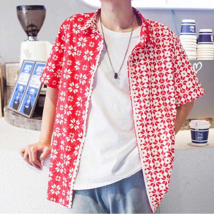 総柄シャツ 半袖 メンズ 半袖シャツ マルチ柄 総柄 開襟シャツ